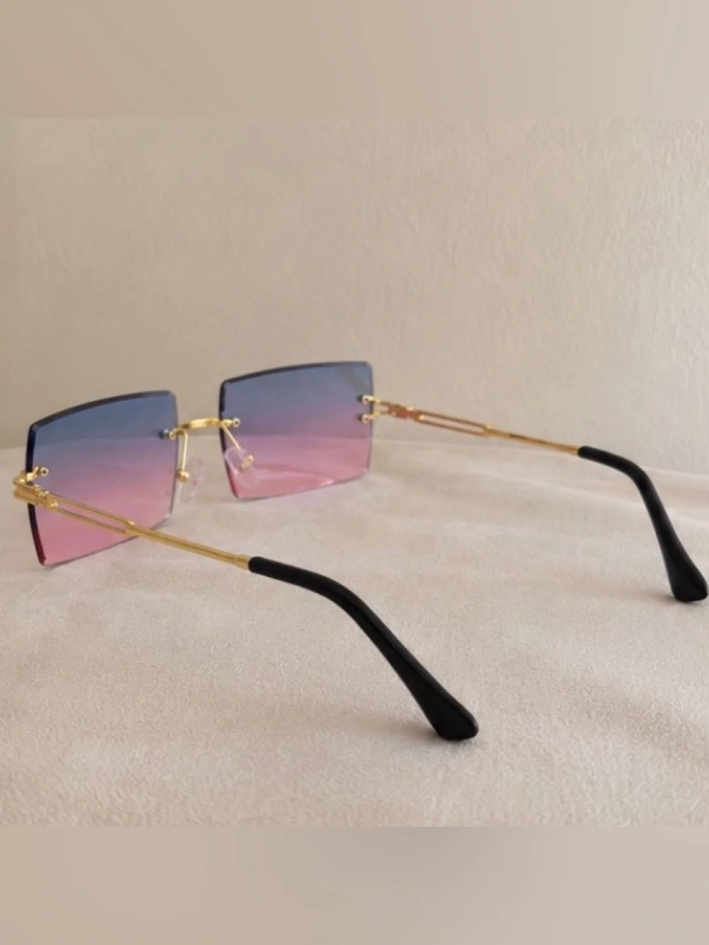 Blue Pink Gradient Rimless Square Sunglasses Gold Frame Women